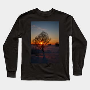 Sunset winter landscape with snow-covered road in violet and pink colors Long Sleeve T-Shirt